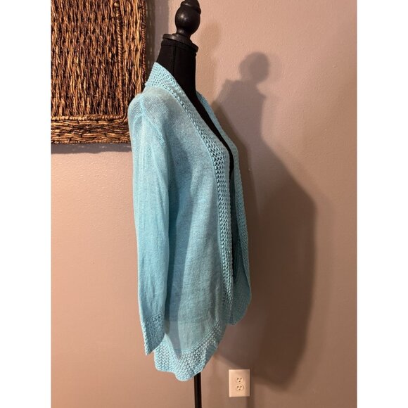Chicos 3 Open Knit Cardigan Sweater Turquoise Blue Linen Shawl Collar Open Front - Picture 5 of 9